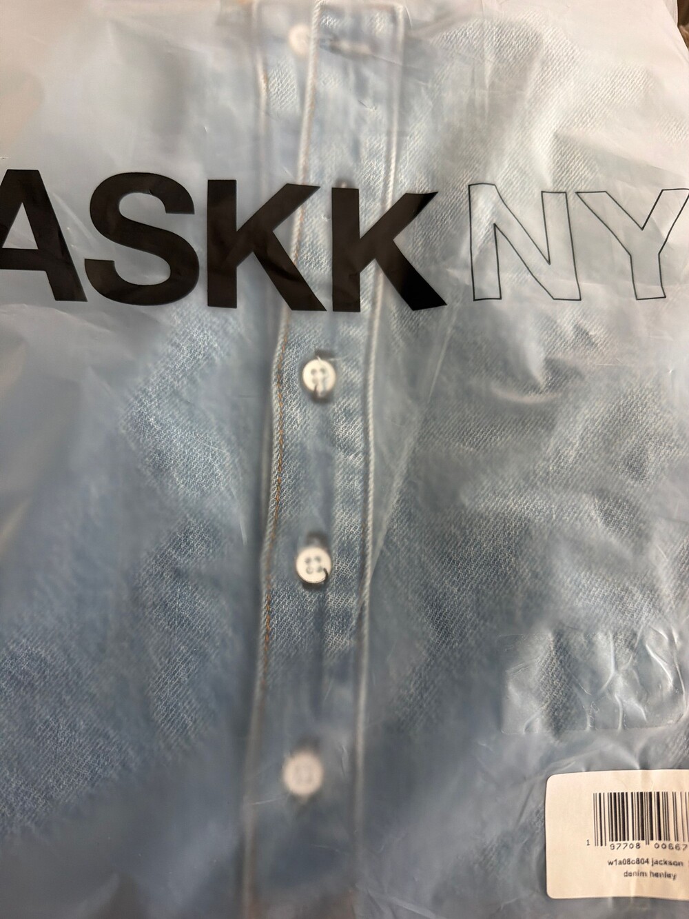 ASKK NY Denim Jackson Henley Top Long Sleeve Size 2 M Light Wash Cotton Linen - Picture 5 of 6